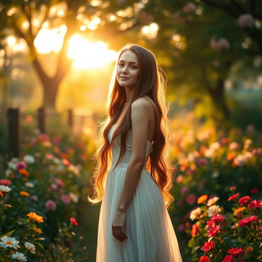 A romantic film scene depicting a beautiful girl with long flowing chestnut hair, wearing an elegant, flowing white dress