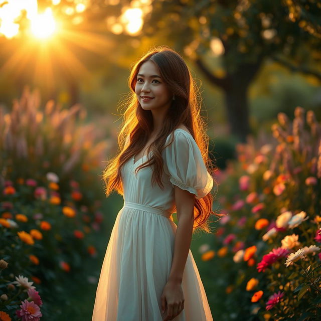 A romantic film scene depicting a beautiful girl with long flowing chestnut hair, wearing an elegant, flowing white dress