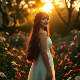 A romantic film scene depicting a beautiful girl with long flowing chestnut hair, wearing an elegant, flowing white dress