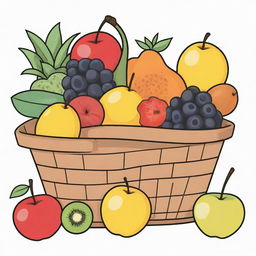 A basket of fruits illustrated with 8 flat colors, including black, outlined in black, set against a white background.