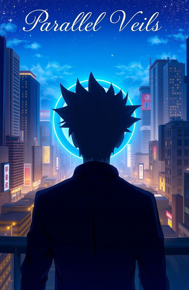 A man with striking black spiky hair is walking towards a circular blue portal, viewed from behind