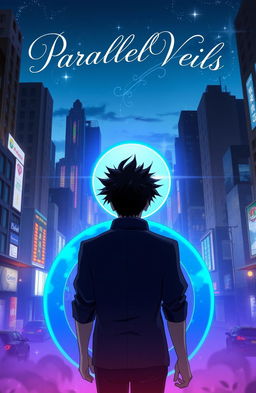 A man with striking black spiky hair is walking towards a circular blue portal, viewed from behind