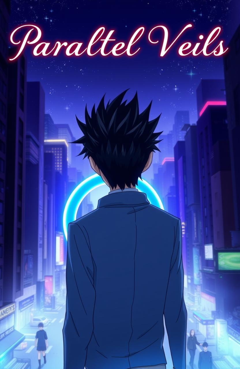 A man with striking black spiky hair is walking towards a circular blue portal, viewed from behind