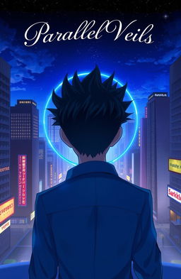 A man with striking black spiky hair is walking towards a circular blue portal, viewed from behind