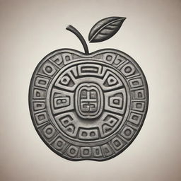 An apple represented in the style of a detailed Mayan glyph.