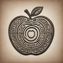 An apple represented in the style of a detailed Mayan glyph.