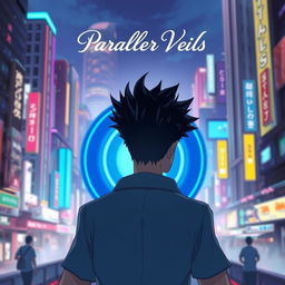 A man with striking black spiky hair is walking towards a circular blue portal, viewed from behind