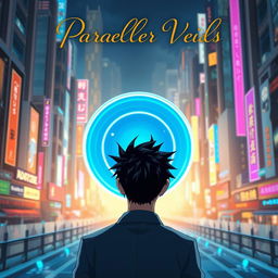 A man with striking black spiky hair is walking towards a circular blue portal, viewed from behind