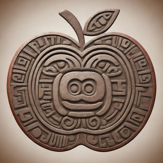 An apple represented in the style of a detailed Mayan glyph.