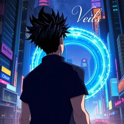 A man with dramatic black spiky hair is depicted walking towards a circular blue portal, seen from the back