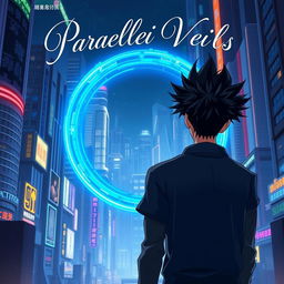 A man with dramatic black spiky hair is depicted walking towards a circular blue portal, seen from the back