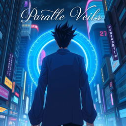 A man with dramatic black spiky hair is depicted walking towards a circular blue portal, seen from the back