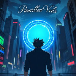 A man with dramatic black spiky hair is depicted walking towards a circular blue portal, seen from the back