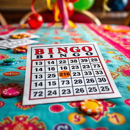 A visually striking close-up of a bingo card, featuring a classic grid layout filled with numbers and bold letters spelling out 'BINGO' at the top