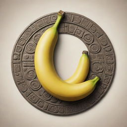 A banana represented in the style of a detailed Mayan glyph.