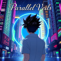 A man with dynamic black spiky hair is depicted walking up to a mesmerizing blue circular portal