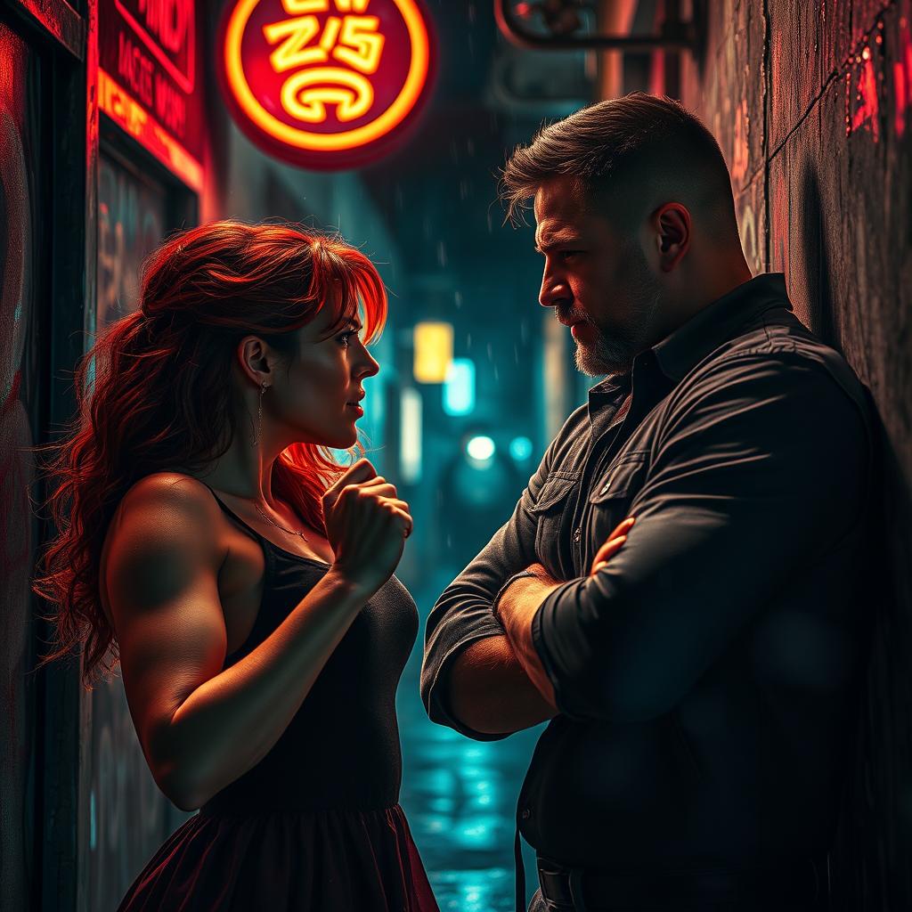 A passionate enemies-to-lovers scene showcasing two fierce individuals, a strong-willed woman with fiery red hair and a rugged man with a chiseled jaw, locked in a heated argument, but with a hint of attraction in their eyes