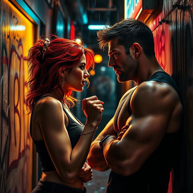 A passionate enemies-to-lovers scene showcasing two fierce individuals, a strong-willed woman with fiery red hair and a rugged man with a chiseled jaw, locked in a heated argument, but with a hint of attraction in their eyes