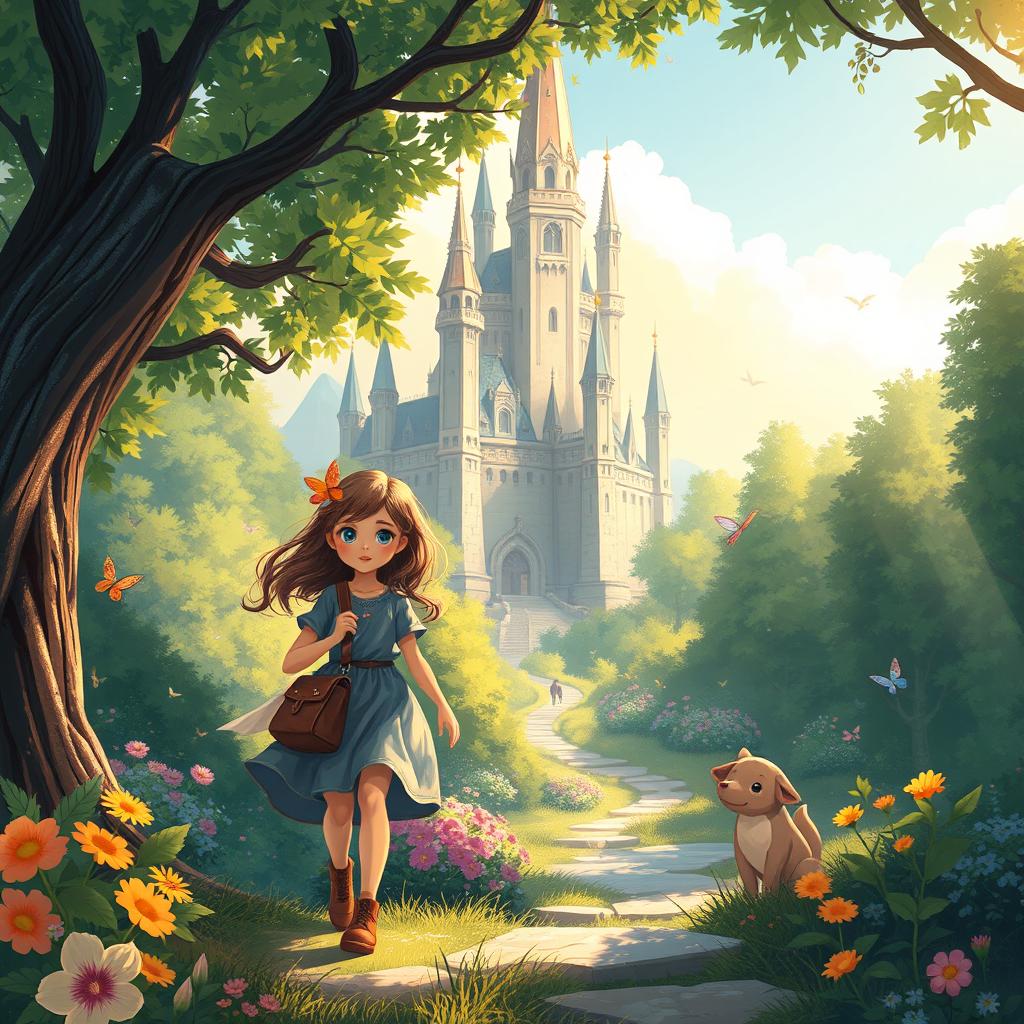 A beautiful fantasy illustration depicting Luna, a young brave girl, embarking on her journey to a magical castle