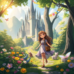 A beautiful fantasy illustration depicting Luna, a young brave girl, embarking on her journey to a magical castle