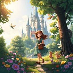 A beautiful fantasy illustration depicting Luna, a young brave girl, embarking on her journey to a magical castle