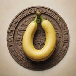 A banana integrated into the style of a detailed Mayan glyph.