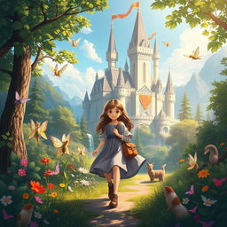 A beautiful fantasy illustration depicting Luna, a young brave girl, embarking on her journey to a magical castle