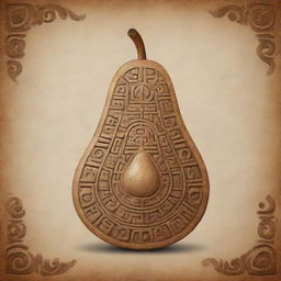 A pear represented in the style of a detailed Mayan glyph.