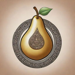 A pear represented in the style of a detailed Mayan glyph.