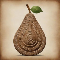 A pear represented in the style of a detailed Mayan glyph.