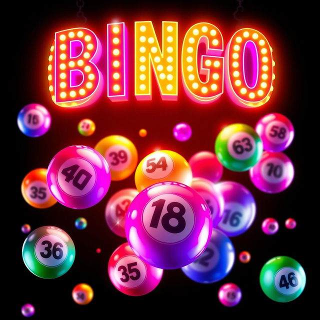 An enchanting image featuring a black background with vibrant bingo balls floating gracefully in various colors, each displaying different numbers