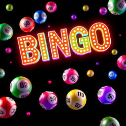 An enchanting image featuring a black background with vibrant bingo balls floating gracefully in various colors, each displaying different numbers