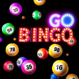 An enchanting image featuring a black background with vibrant bingo balls floating gracefully in various colors, each displaying different numbers