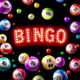 An enchanting image featuring a black background with vibrant bingo balls floating gracefully in various colors, each displaying different numbers