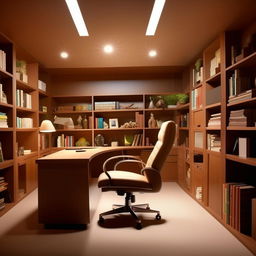 A simple, classy 15ft by 15ft boss office adhering to Vastu principles. It should contain a large desk, a comfortable chair, organized bookshelves, and soothing lighting.