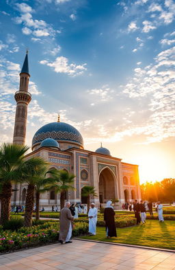A serene and beautiful landscape showcasing an intricate Islamic architecture with a majestic mosque in the foreground, adorned with stunning geometric patterns and vibrant mosaics