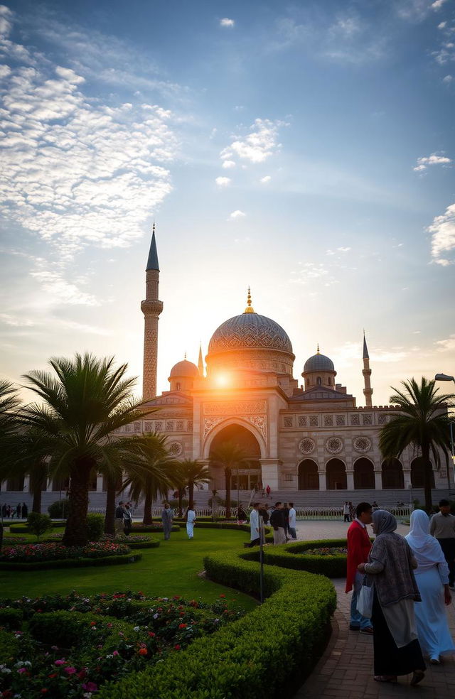 A serene and beautiful landscape showcasing an intricate Islamic architecture with a majestic mosque in the foreground, adorned with stunning geometric patterns and vibrant mosaics