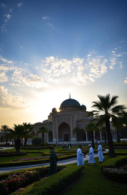 A serene and beautiful landscape showcasing an intricate Islamic architecture with a majestic mosque in the foreground, adorned with stunning geometric patterns and vibrant mosaics