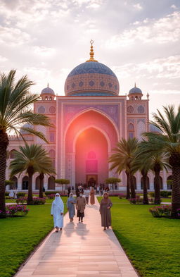 A serene and beautiful landscape showcasing an intricate Islamic architecture with a majestic mosque in the foreground, adorned with stunning geometric patterns and vibrant mosaics