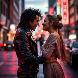 A captivating scene depicting an enemies-to-lovers romance, featuring two individuals with contrasting styles: one dressed in edgy leather attire with a fierce expression, and the other in soft, flowing fabrics with a playful smile