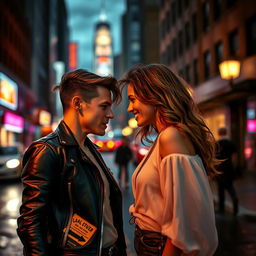 A captivating scene depicting an enemies-to-lovers romance, featuring two individuals with contrasting styles: one dressed in edgy leather attire with a fierce expression, and the other in soft, flowing fabrics with a playful smile