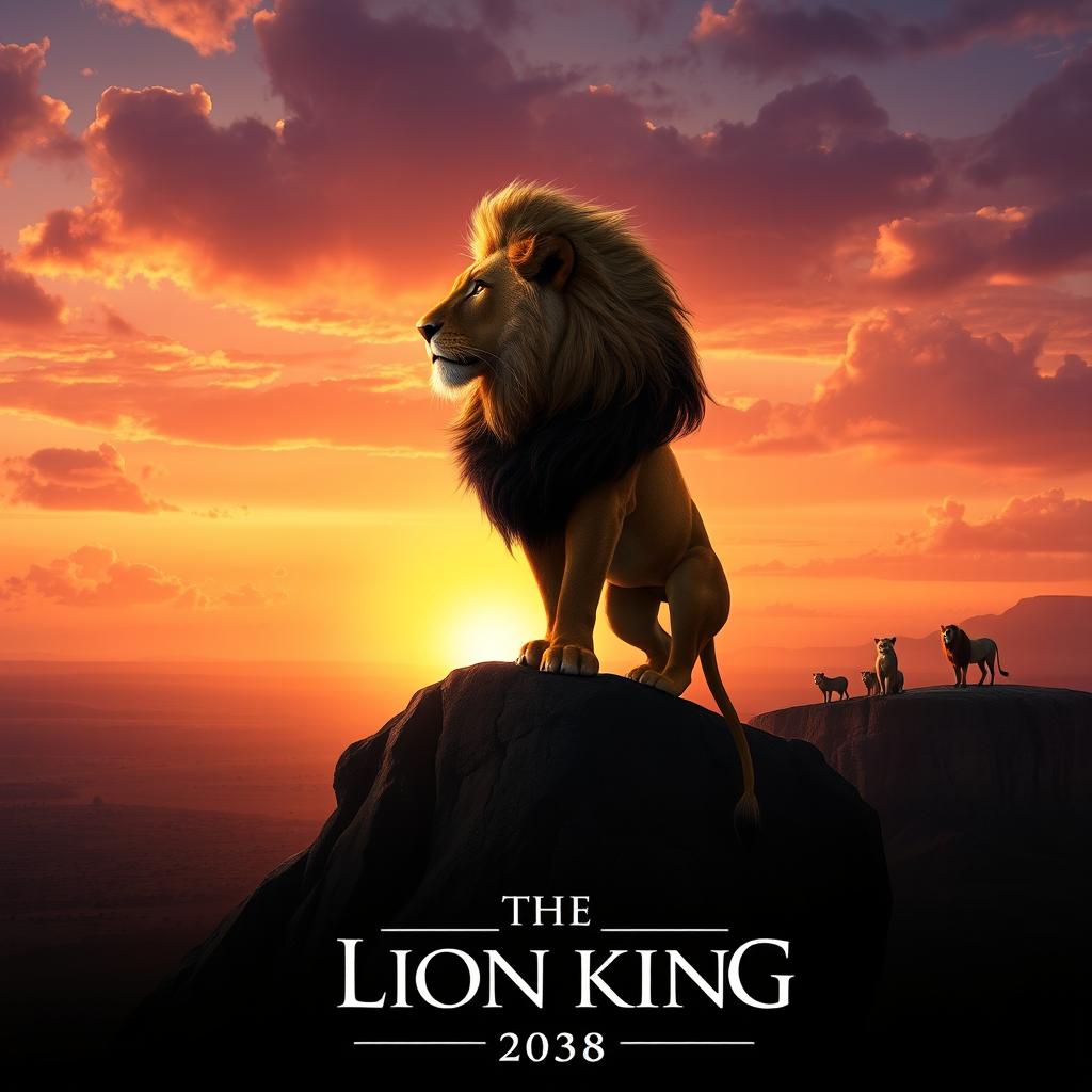 A visually stunning movie poster for 'The Lion King (2038)' live action re-remake, featuring a majestic adult male lion with a flowing mane standing on Pride Rock, looking out over the vast African savannah during sunrise