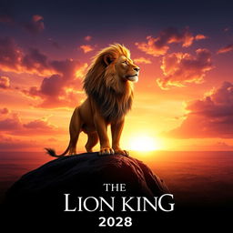 A visually stunning movie poster for 'The Lion King (2038)' live action re-remake, featuring a majestic adult male lion with a flowing mane standing on Pride Rock, looking out over the vast African savannah during sunrise