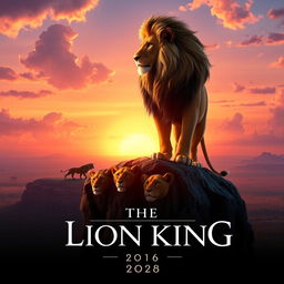 A visually stunning movie poster for 'The Lion King (2038)' live action re-remake, featuring a majestic adult male lion with a flowing mane standing on Pride Rock, looking out over the vast African savannah during sunrise