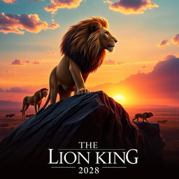 A visually stunning movie poster for 'The Lion King (2038)' live action re-remake, featuring a majestic adult male lion with a flowing mane standing on Pride Rock, looking out over the vast African savannah during sunrise