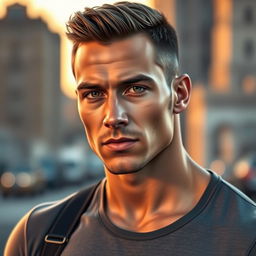 A very realistic portrait of a handsome man with an athletic build, featuring chiseled facial features, a strong jawline, and short, stylish hair
