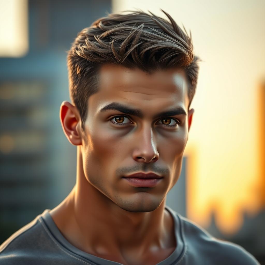 A very realistic portrait of a handsome man with an athletic build, featuring chiseled facial features, a strong jawline, and short, stylish hair