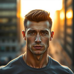 A very realistic portrait of a handsome man with an athletic build, featuring chiseled facial features, a strong jawline, and short, stylish hair