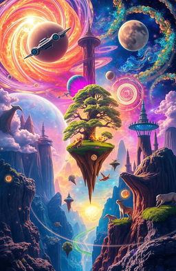 A vibrant multiverse concept depicting various parallel worlds bursting with color and diversity
