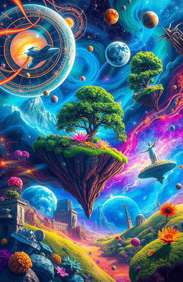 A vibrant multiverse concept depicting various parallel worlds bursting with color and diversity